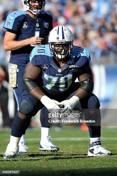 Chance Warmack of the Tennessee Titans plays against the Jacksonville Jaguars at LP Field on November 10, 2013 in Nashville, Tennessee.