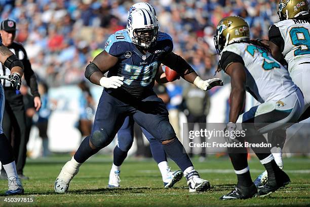 Chance Warmack of the Tennessee Titans plays against the Jacksonville Jaguars at LP Field on November 10, 2013 in Nashville, Tennessee.