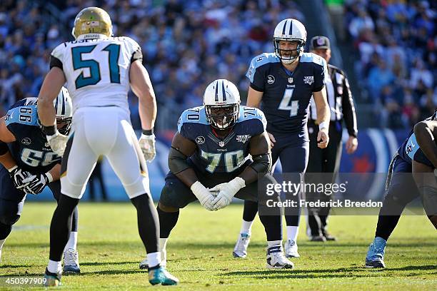 Chance Warmack of the Tennessee Titans plays against the Jacksonville Jaguars at LP Field on November 10, 2013 in Nashville, Tennessee.