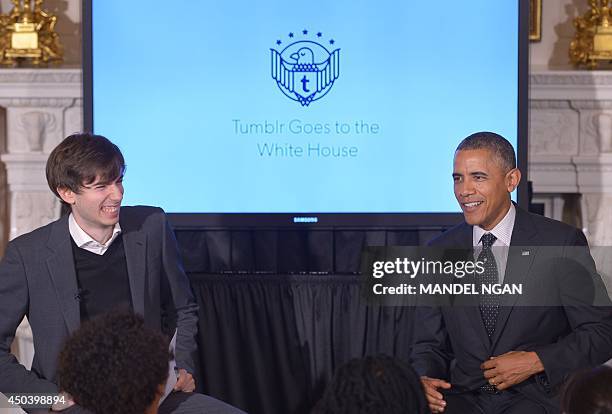 President Barack Obama speaks during an event on the bloging site Tumblr, in the State Dining Room on June 10, 2014 in Washington, DC. At left is...