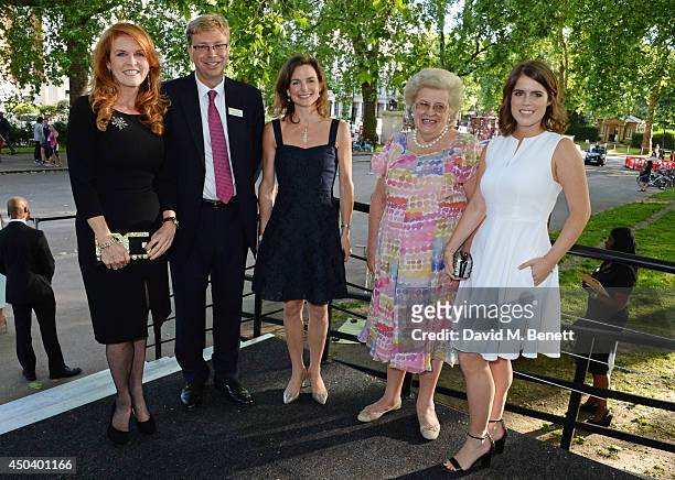Sarah Ferguson, Duchess of York, Alasdair Haynes, Alexandra Buxton, guest and Princess Eugenie of York attend the Art Antiques London Gala Evening in...