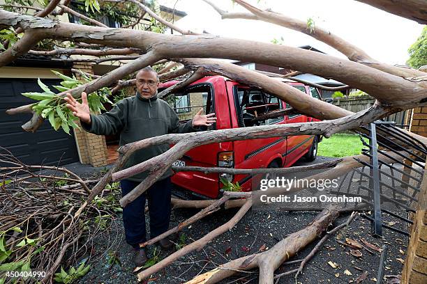 Pravindra Singh surveys the damage from a fallen tree on his property and vehicle on Terry Street, Blockhouse Bay on June 11, 2014 in Auckland, New...