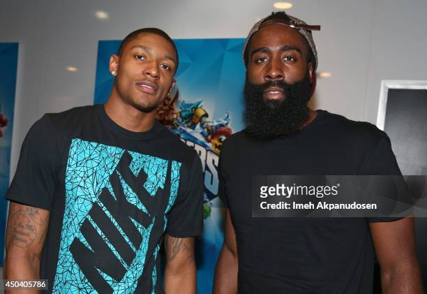 Professional basketball players Bradley Beal and James Harden visit Call of Duty: Advanced Warfare and Destiny at the Activision booth during E3 on...