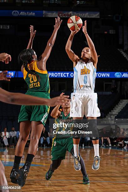 Courtney Clements of the Chicago Sky shoots against Camille Little of the Seattle Storm on June 10, 2014 at the Allstate Arena in Rosemont, Illinois....