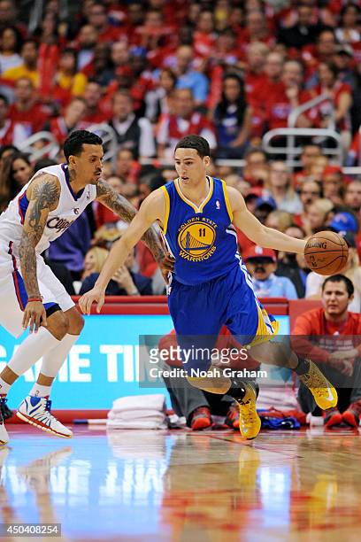 Klay Thompson of the Golden State Warriors drives against Matt Barnes of the Los Angeles Clippers in Game Two of the Western Conference Quarterfinals...