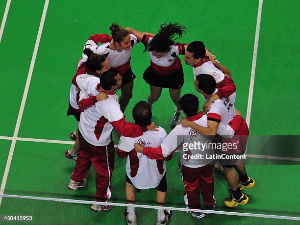 Team Peru celebrate after the victory of Daniela Macias to win the tournament in the Badminton Mixed Team's event as part of the XVII Bolivarian...