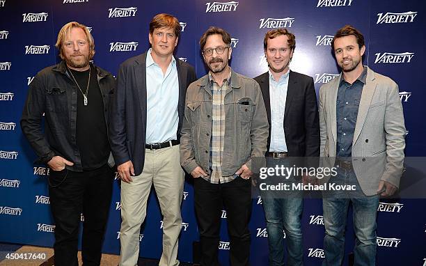 Producer Matthew Carnahan, writer Bill Lawrence, comedian Marc Maron, showrunner Matt Warburton, and actor Rob McElhenney attend Variety's A Night in...
