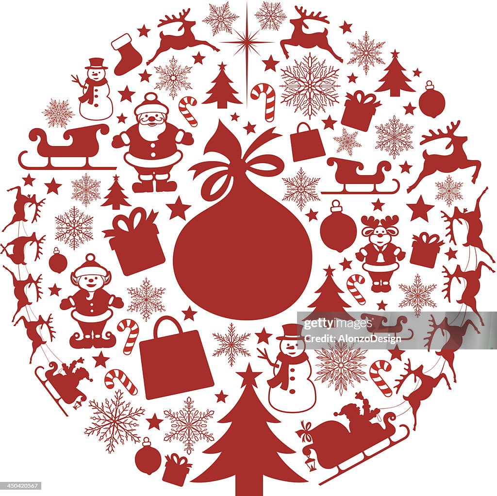 Circular collage of red Christmas designs