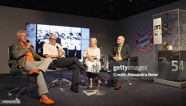 Former German football player Paul Breitner, speaker Guenther Koch, Maja Bauer, widow of former FC Bayern Muenchen player and World Cup winner 1954...