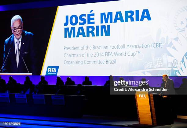 President of CBF Jose Maria Marin speaks to the audience during the opening ceremony of the 64th FIFA Congress at the Expocenter Transamerica on June...