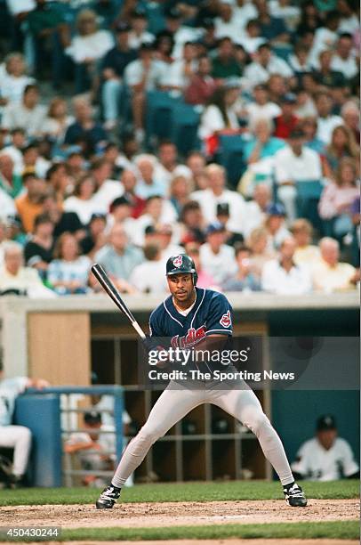 Albert Belle of the Cleveland Indians bats against the Chicago White Sox on July 15, 1994 at Comiskey Park in Chicago, Illinois. The Indians defeated...