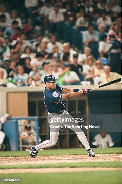 Albert Belle of the Cleveland Indians bats against the Chicago White Sox on July 15, 1994 at Comiskey Park in Chicago, Illinois. The Indians defeated...