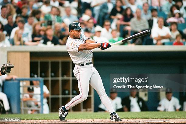 Albert Belle of the Cleveland Indians bats against the Chicago White Sox on July 15, 1994 at Comiskey Park in Chicago, Illinois. The Indians defeated...