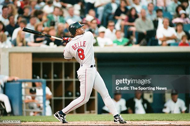 Albert Belle of the Cleveland Indians bats against the Chicago White Sox on July 15, 1994 at Comiskey Park in Chicago, Illinois. The Indians defeated...