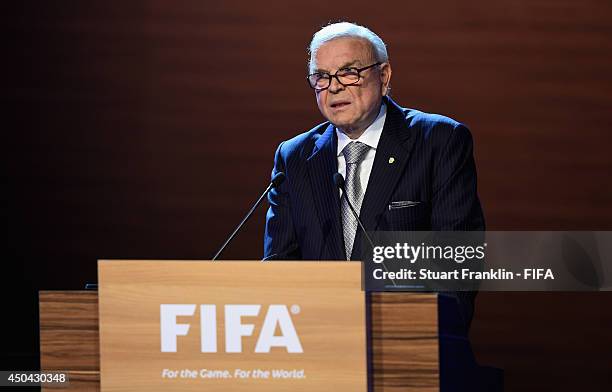 Brazilian Football Confederation President Jose Maria Marin speaks during the 64th FIFA Congress at the Transamerica Expo Center on June 11, 2014 in...