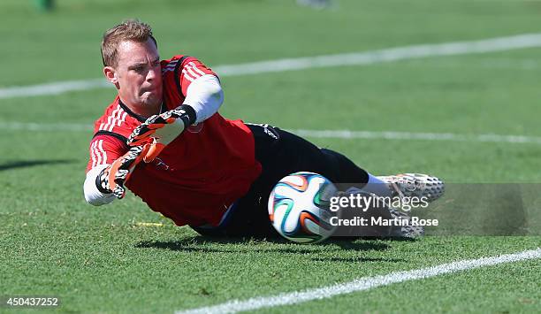 Goalkeeper Manuel Neuer makes a save during the German National team training session at Campo Bahia on June 11, 2014 in Santo Andre, Brazil.