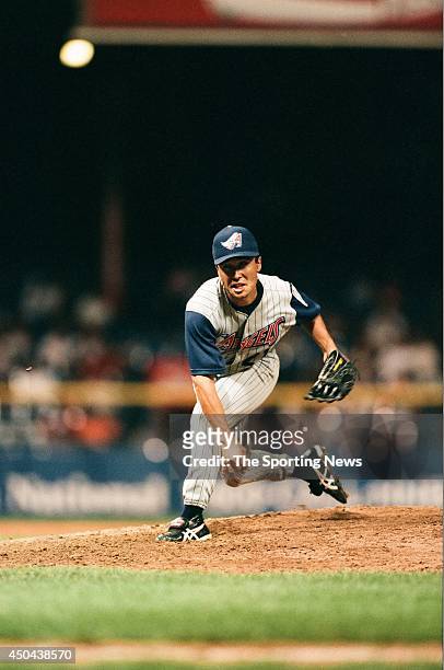 Shigetoshi Hasegawa of the Los Angeles Angels of Anaheim pitches against the Detroit Tigers on August 10, 1998 at Tiger Stadium in Detroit, Michigan....