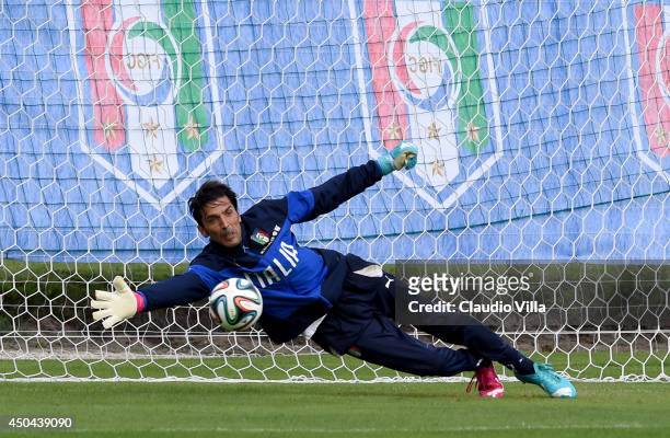Gianluigi Buffon of Italy in action during a training session on June 11, 2014 in Rio de Janeiro, Brazil.