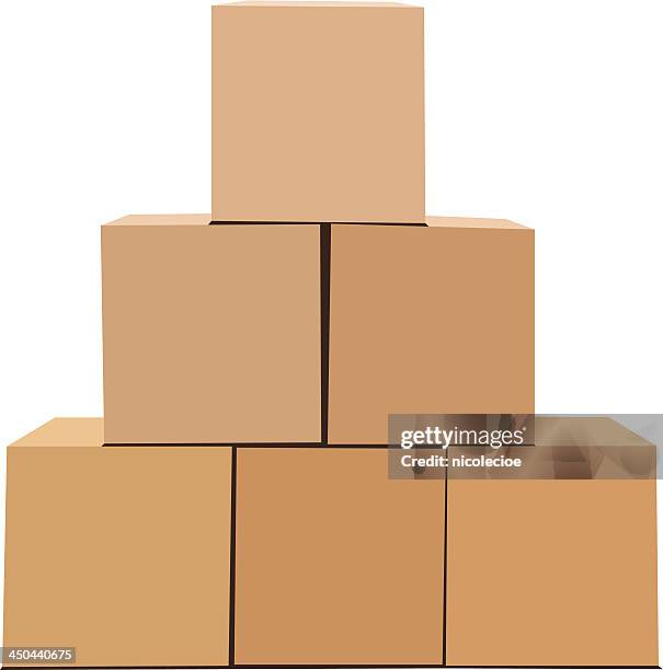 a pyramid of cardboard boxes isolated on white - brown box stock illustrations