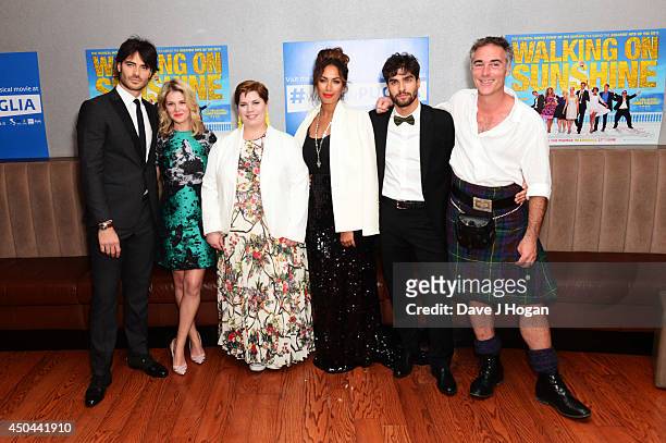 Giulio Berruti, Hannah Arterton, Katy Brand, Leona Lewis, Giulio Corso and Greg Wise attend the UK premiere of "Walking On Sunshine" at The Vue West...