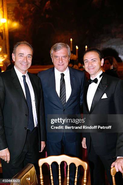 Politician Jean-Francois Cope, CEO Dior Sidney Toledano and Antiquarian Mikael Kraemer attend Pasteur-Weizmann Gala at Chateau de Versailles on...