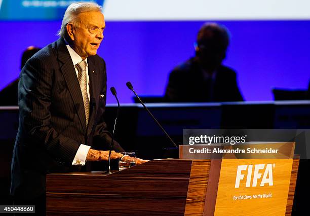 President of CBF Jose Maria Marin speaks to the audience during the 64th FIFA Congress at the Expocenter Transamerica on June 11, 2014 in Sao Paulo,...