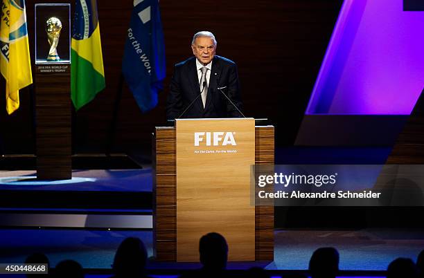President of CBF Jose Maria Marin speaks to the audience during the 64th FIFA Congress at the Expocenter Transamerica on June 11, 2014 in Sao Paulo,...