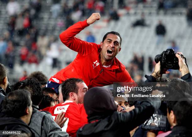 Daniel Montenegro of Independiente celebrates being promoted to first division after one year of playing in Primera B Nacional after winning a...