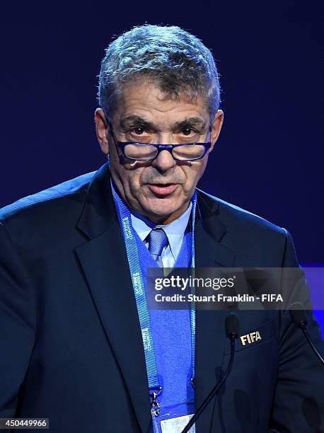 Angel Maria Villar Llona, FIFA Executive Committee member talks during the 64th FIFA Congress at the Transamerica Expo Center on June 11, 2014 in Sao...