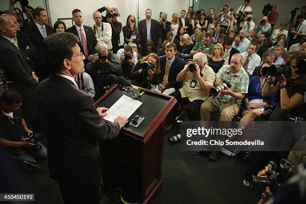 House Majority Leader Eric Cantor addresses a news conference after telling the Republican caucus that he will resign his post at the U.S. Capitol...