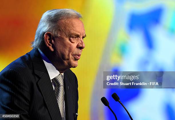 President of the Brazilian Football Confederation Jose Maria Marin speaks during the 64th FIFA Congress at the Transamerica Expo Center on June 11,...