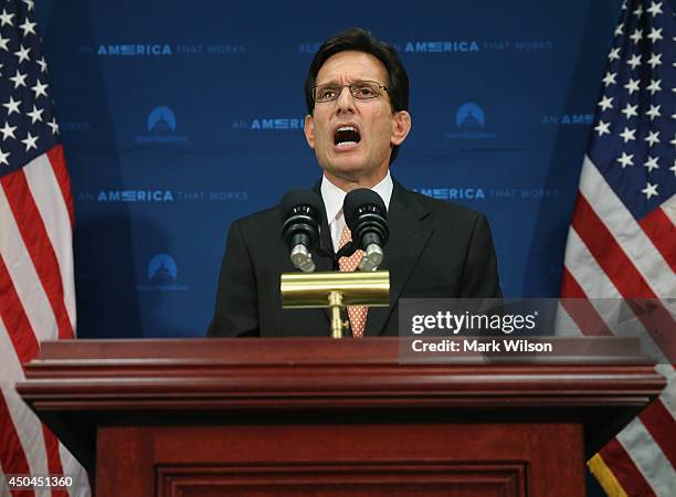 House Majority Leader Eric Cantor talks to the media about his defeat last night, during a news conference at the U.S. Capitol, June 11, 2014 in...