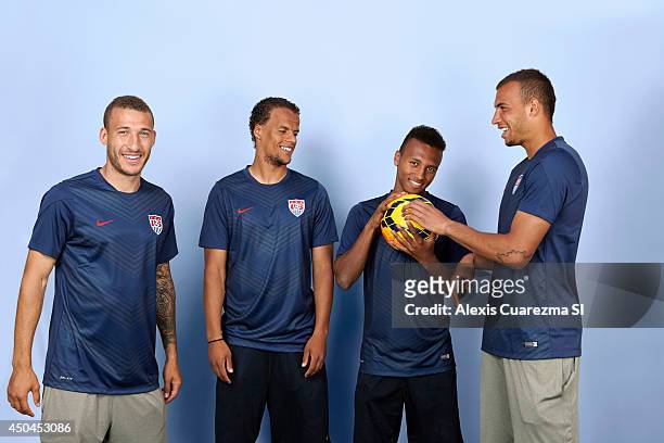 National team, Fabian Johnson, Timmy Chandler, Julian Green, and John Brooks are photographed for Sports Illustrated on May 24, 2014 in Palo Alto,...