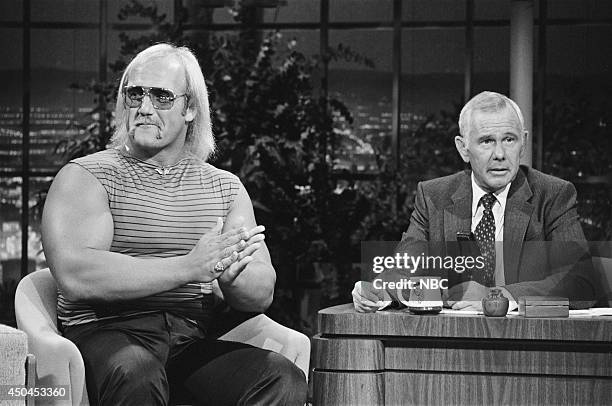 Pictured: Professional wrestler Hulk Hogan during an interview with host Johnny Carson on June 15, 1982 --