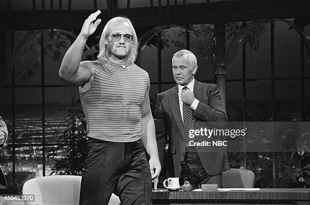 Pictured: Professional wrestler Hulk Hogan during an interview with host Johnny Carson on June 15, 1982 --