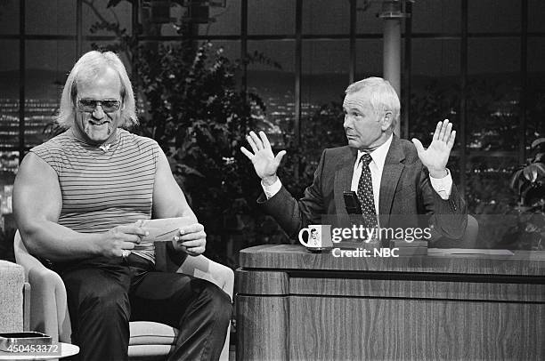 Pictured: Professional wrestler Hulk Hogan during an interview with host Johnny Carson on June 15, 1982 --