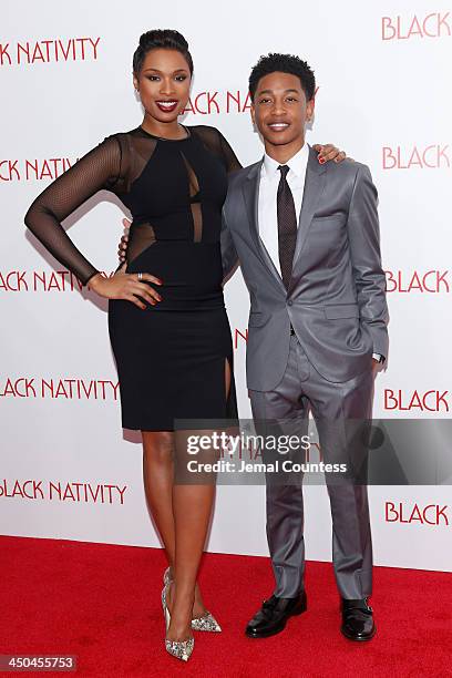 Jennifer Hudson and Actor Jacob Latimore attend the"Black Nativity" premiere at The Apollo Theater on November 18, 2013 in New York City.