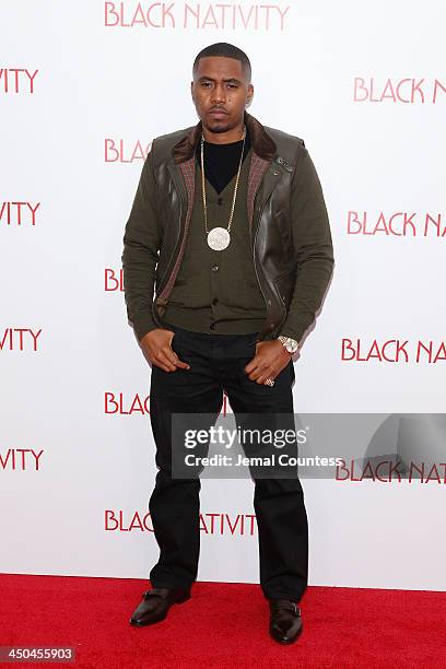 Rapper Nas attends the"Black Nativity" premiere at The Apollo Theater on November 18, 2013 in New York City.
