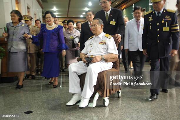 Thailand's King Bhumibol Adulyadej, Queen Sirikit and Her Royal Highness Princess Maha Chakri Sirindhorn boarded the Royal Thai Navy ship Angsana to...