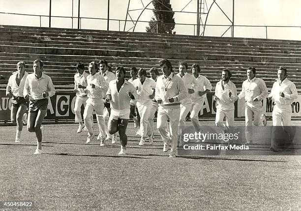 An Australian training session at Moorabbin, Melbourne, ahead of the first Supertest on December 2, 1977. From left are Kerry O'Keeffe, Rick...