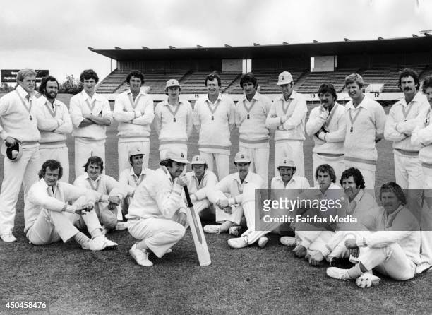 The Australian World Series Cricket Team is photographed at St Kilda Football Ground in Melbourne, 1977. From left are Kerry O'Keeffe, Ray Bright,...