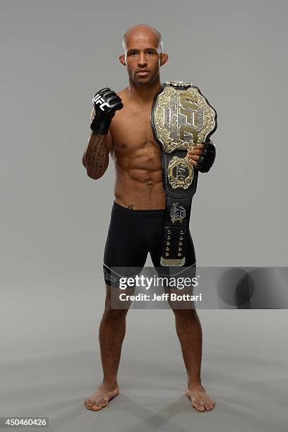 Demetrious "Mighty Mouse" Johnson poses for a portrait during a UFC photo session on June 11, 2014 in Vancouver, British Columbia, Canada.