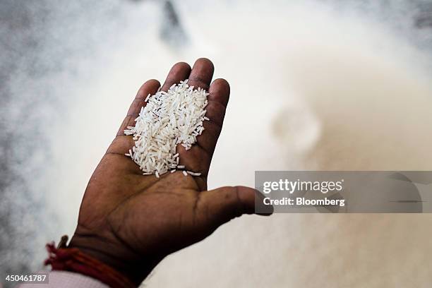 Worker displays a handful of rice for a photograph prior to packaging at the KRK Modern Rice Mill in Kothapeta, Tamil Nadu, India, on Thursday, Nov....