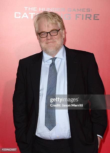 Actor Philip Seymour Hoffman arrives at the premiere of Lionsgate's "The Hunger Games: Catching Fire" at Nokia Theatre L.A. Live on November 18, 2013...