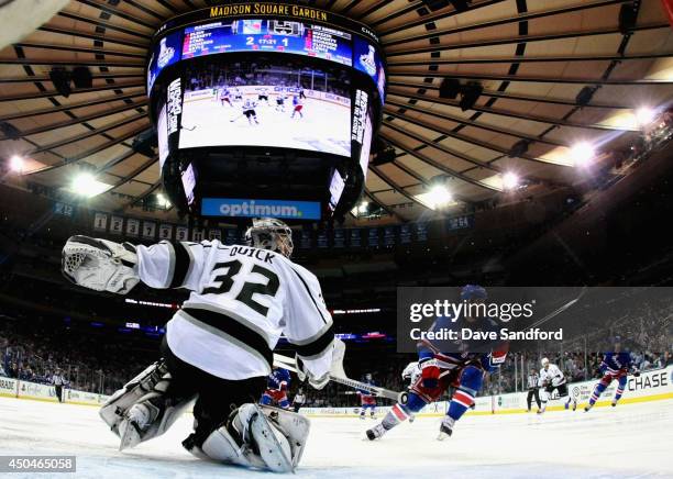 Goaltender Jonathan Quick of the Los Angeles Kings defends the net against the New York Rangers in the third period of Game Four of the 2014 Stanley...