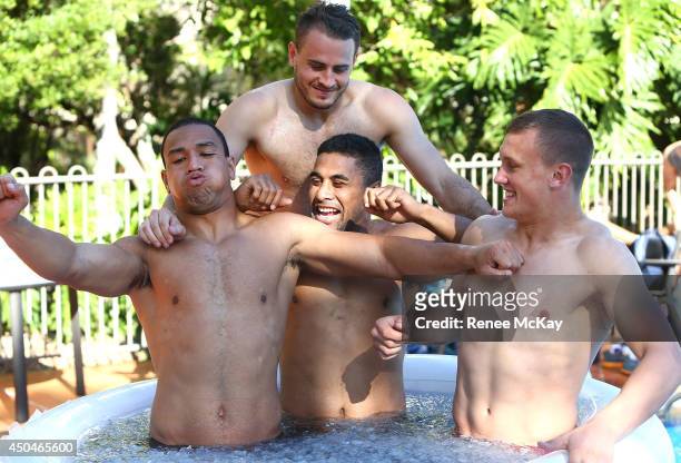 Will Hopoate, Josh Reynolds, Michael Jennings and Jack Wighton take an ice bath during a New South Wales Blues State of Origin training session at...