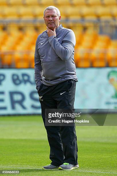 Coach Ricki Herbert of New Zealand looks on during a New Zealand All Whites training session at Westpac Stadium on November 19, 2013 in Wellington,...