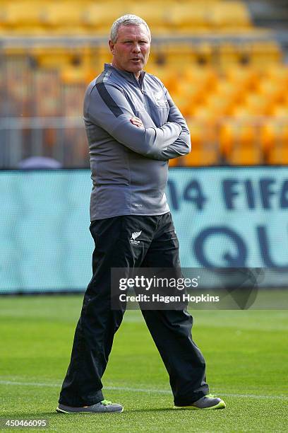 Coach Ricki Herbert of New Zealand looks on during a New Zealand All Whites training session at Westpac Stadium on November 19, 2013 in Wellington,...