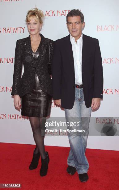 Actors Melanie Griffith and Antonio Banderas attend the "Black Nativity" premiere at The Apollo Theater on November 18, 2013 in New York City.