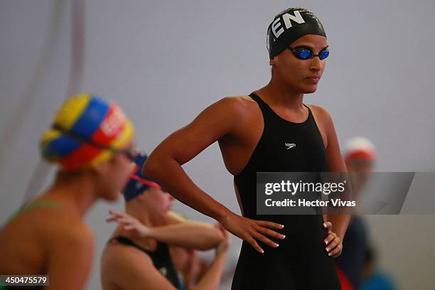 Andreina Pinto from Venezuela during the 800 meter free swimming competition during a swimming event as part of the XVII Bolivarian Games Trujillo...